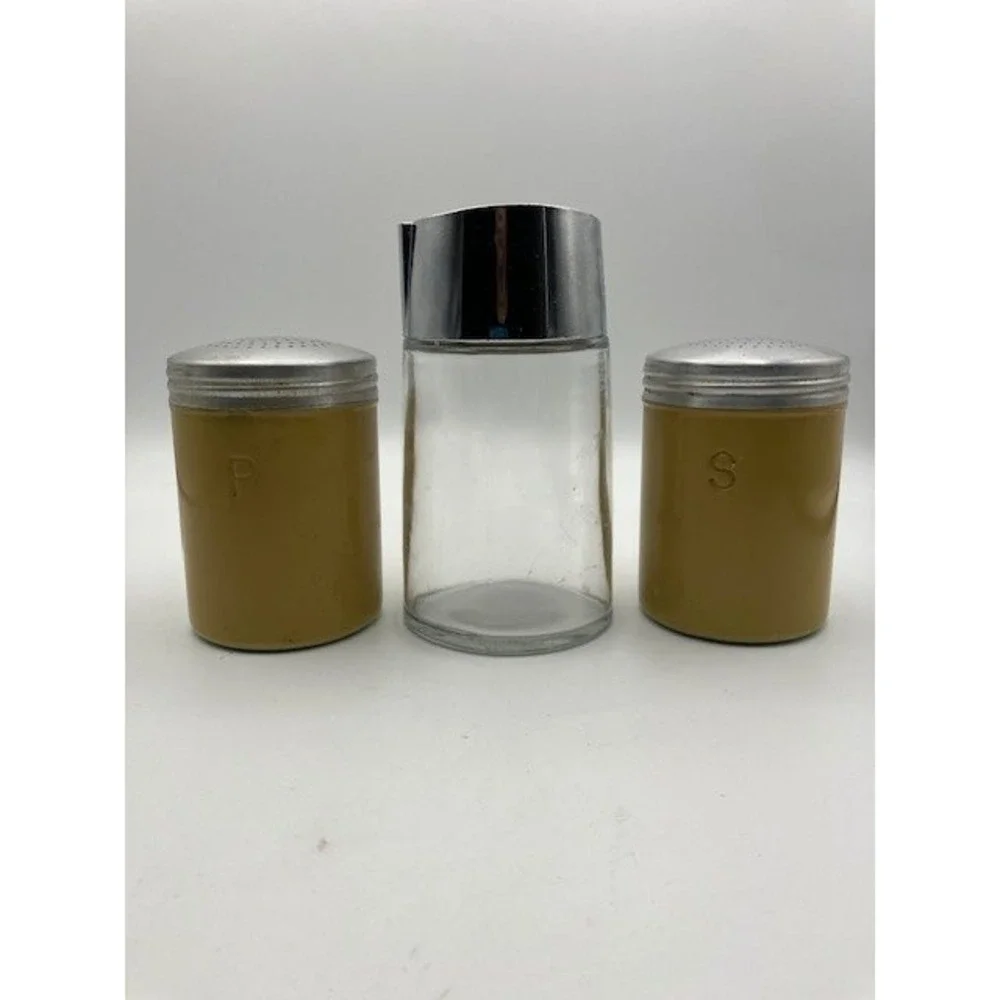 Vintage Aluminum Salt Pepper Shaker Set With Glass Sugar Dispenser Kitchen Decor